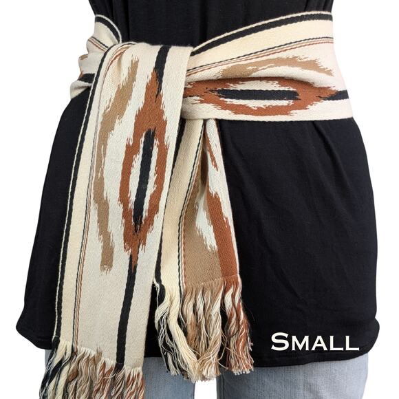 Southwestern Woven Aztec Ikat Fringed Belt Sash Small Cream Brown Boho Western - Picture 1 of 7